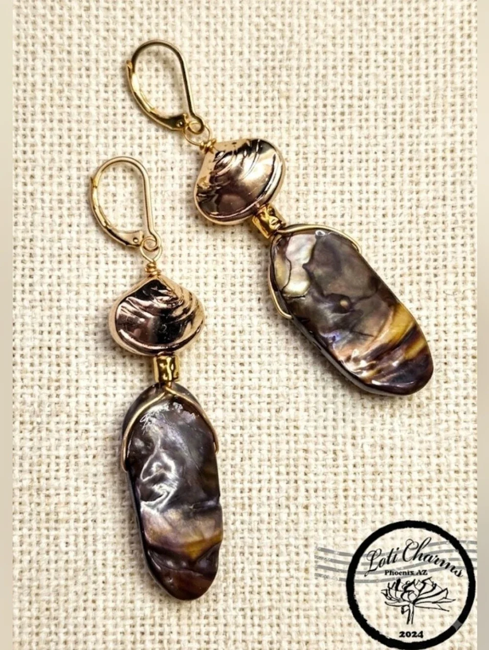 Rustic Brown Mother Of Pearl MOP In Long Drop Down Artisan Made Earrings